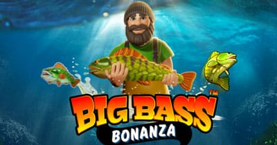 Fiskare i havet som håller en fisk och texten Big Bass Bonanza