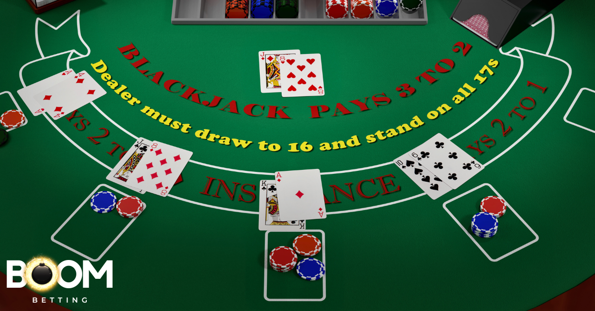 Blackjack table with cards, chips and a visible winning blackjack hand, showing game layout and rules such as "Blackjack pays 3 to 2" and "Dealer must draw to 16 and stand on all 17s".