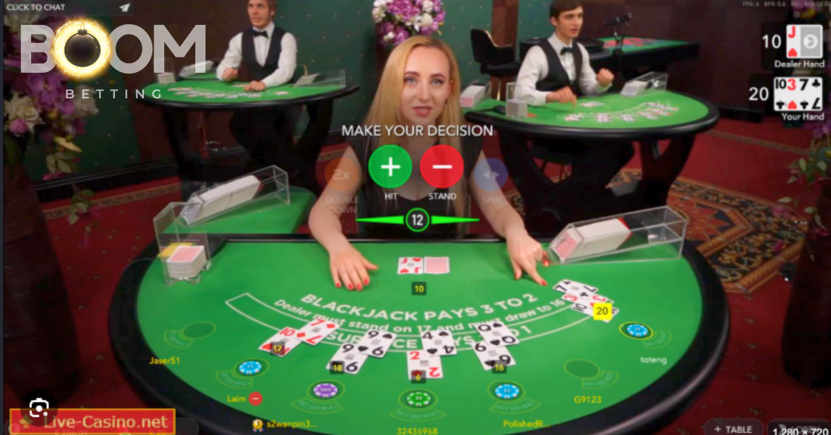 Live blackjack game with real dealer at a casino table, showing player decisions and digital interface overlay.