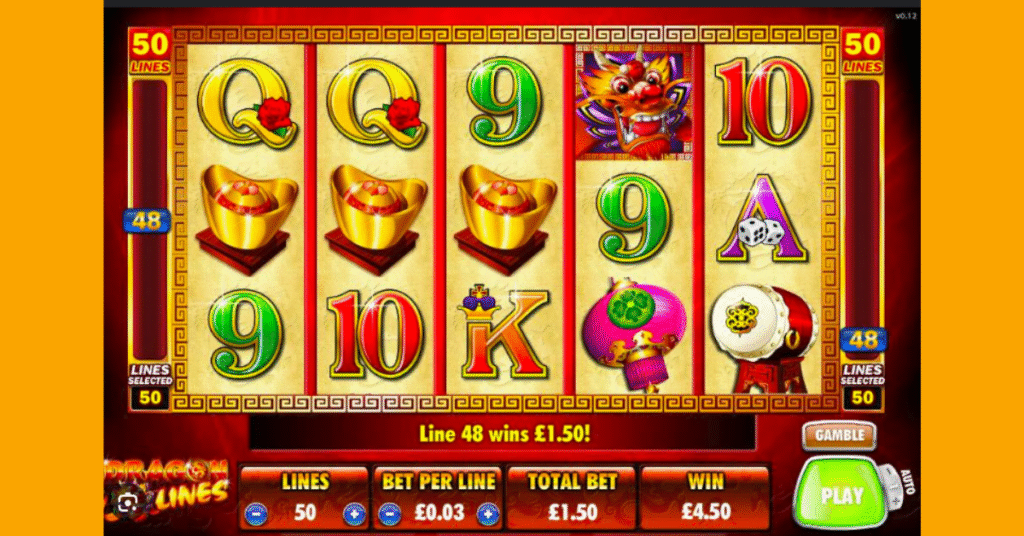 creenshot of a colorful 5-reel online slot machine game called Dragon Lines