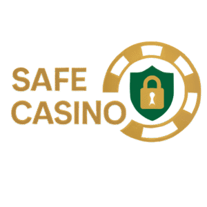 Safe Casino logo with gold text and poker chip featuring a green shield and padlock on dark blue background