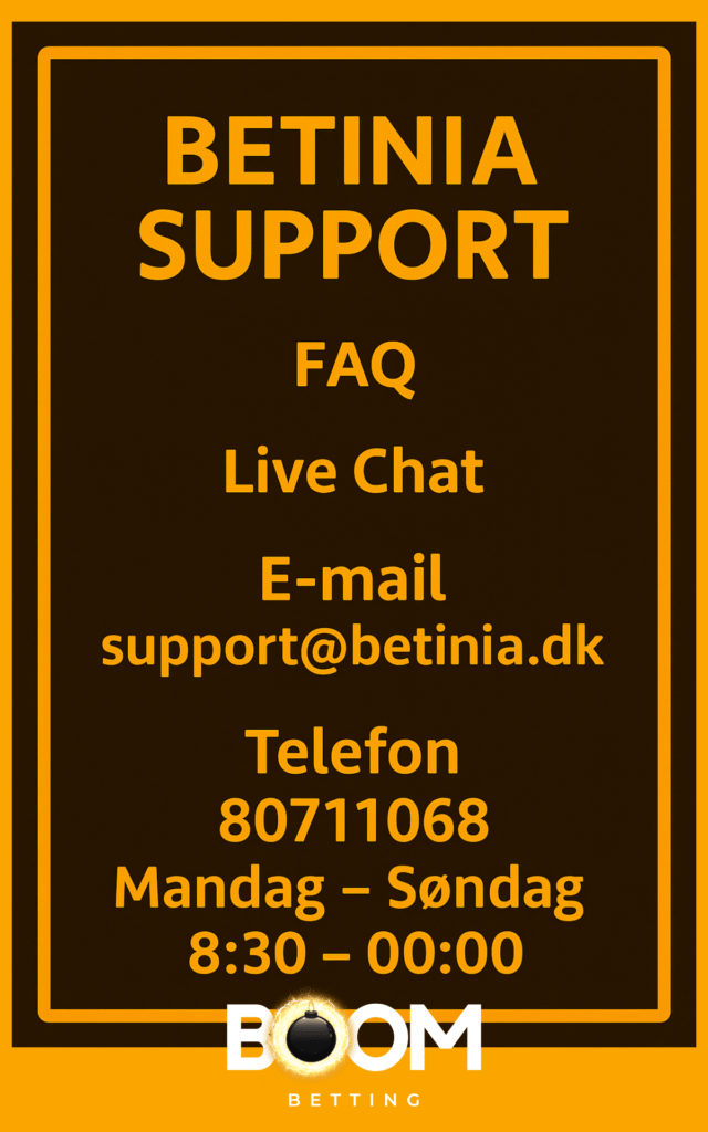 Informationsgrafik for Betinia support på mørkebrun baggrund med gul tekst. Viser supportmulighederne: FAQ, live chat, e-mail support@betinia.dk samt telefonnummer 80711068 med åbningstider mandag til søndag fra kl. 8:30 til 00:00.