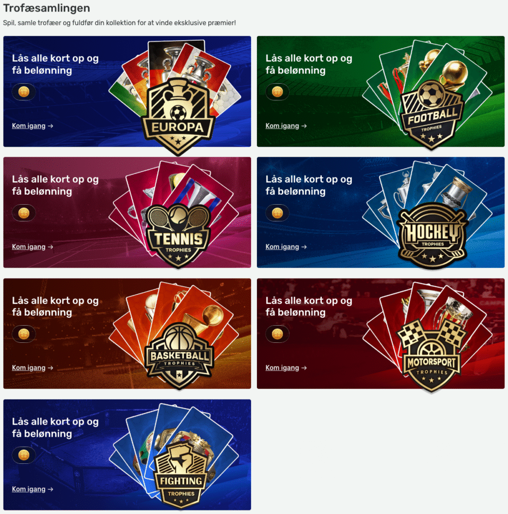 CampoBets trofæsamling med syv kategorier: Europa, Football, Tennis, Hockey, Basketball, Motorsport og Fighting, hvor spillere kan låse kort op for at få belønninger.