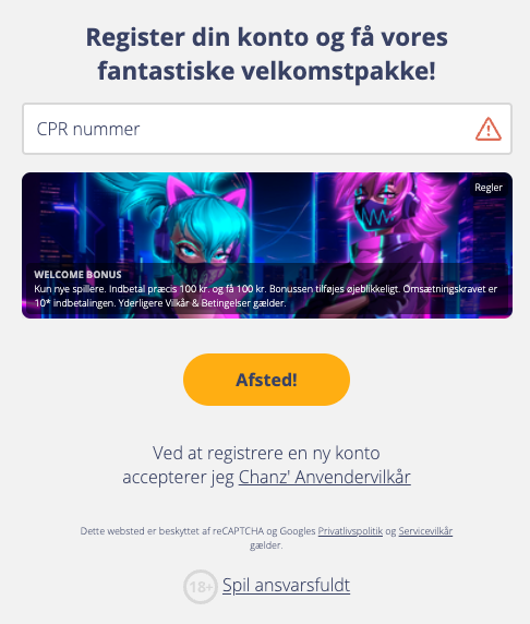 Registreringsside hos Chanz med CPR-felt og velkomstbonus på 100 kr. for nye spillere