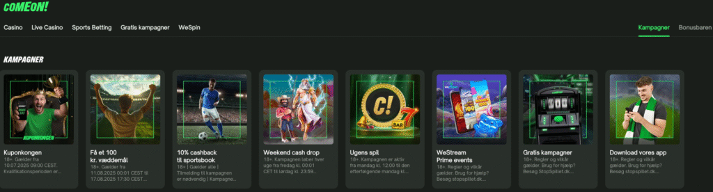  Oversigt over ComeOn Casinos kampagner, herunder Kuponkongen, bonusvæddemål, cashback-tilbud, weekend cash drop, ugens spil, WeStream-events, gratis kampagner og app-tilbud.