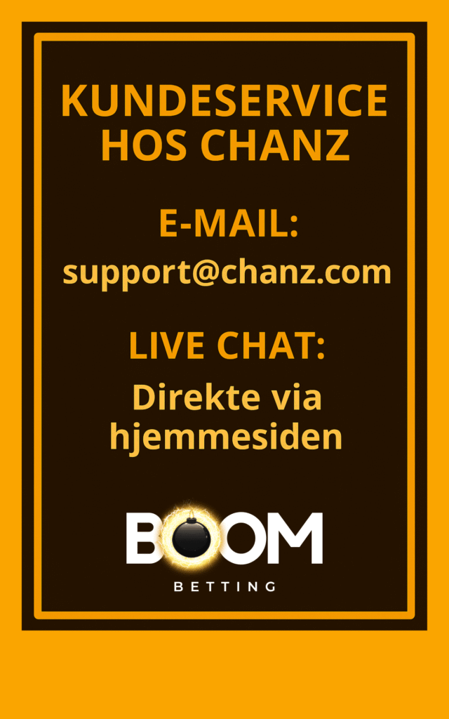 Kundeserviceinformation for Chanz med mørkebrun baggrund og gul tekst: E-mail til support@chanz.com og live chat direkte via hjemmesiden.