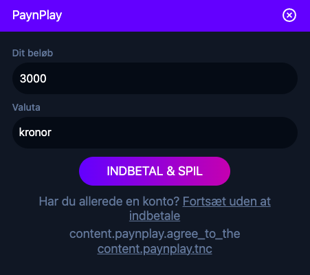 egistreringsside hos LunaCasino med PaynPlay, hvor spilleren indtaster beløb, vælger valuta og starter spillet ved at klikke på “Indbetal & Spil”.