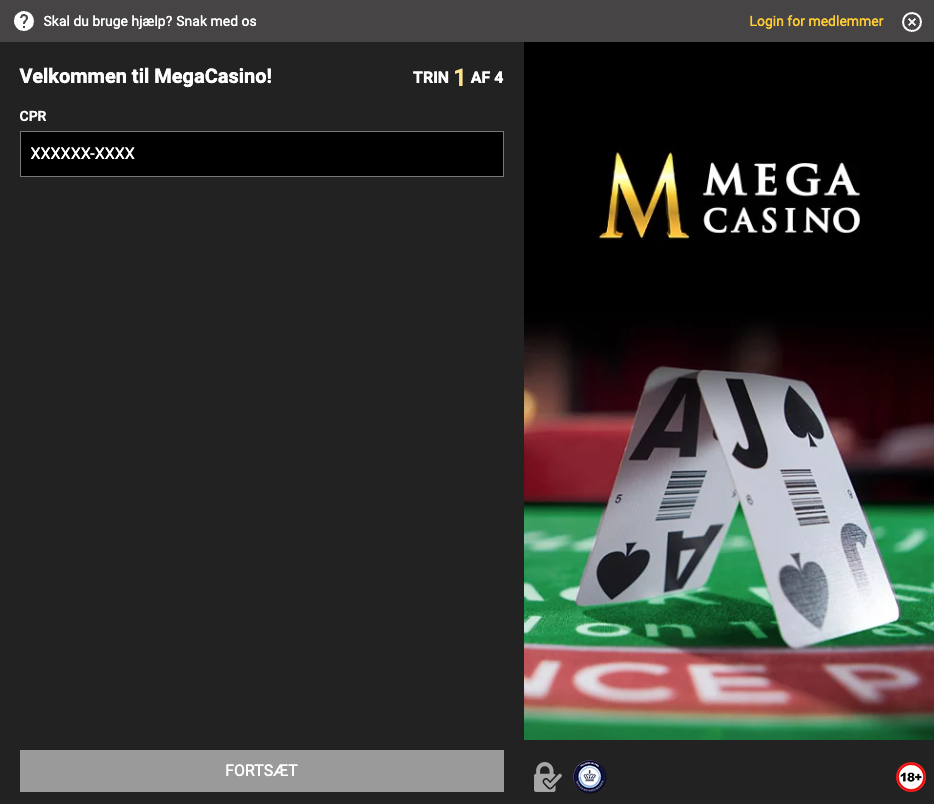 Skærmbillede af trin 1 i registreringsprocessen hos Mega Casino, hvor spilleren skal indtaste sit CPR-nummer for at komme videre.