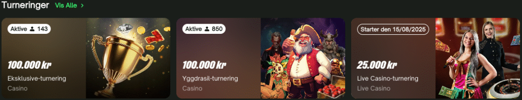 Oversigt over aktive og kommende turneringer hos ComeOn Casino, herunder eksklusive casinoturneringer, Yggdrasil-turneringer, live casino-events og sæsonbaserede konkurrencer.