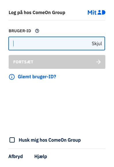 GetLucky-registrering gennem MitID-login, hvor spilleren skal indtaste sit bruger-ID for at logge ind via ComeOn Group-platformen.