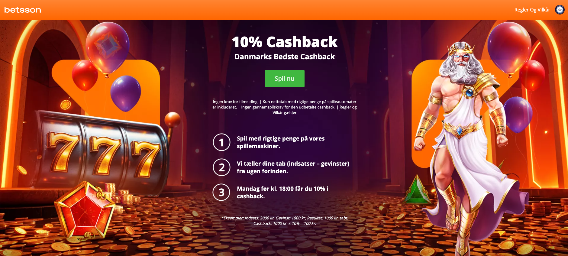 etsson kampagnebillede med spilleautomat, guldmønter og tekst, der fremhæver “10% Cashback – Danmarks Bedste Cashback”. Billedet viser trin-for-trin, hvordan cashback fungerer: spil med rigtige penge på slots, tab beregnes automatisk, og 10% udbetales hver mandag før kl. 18.