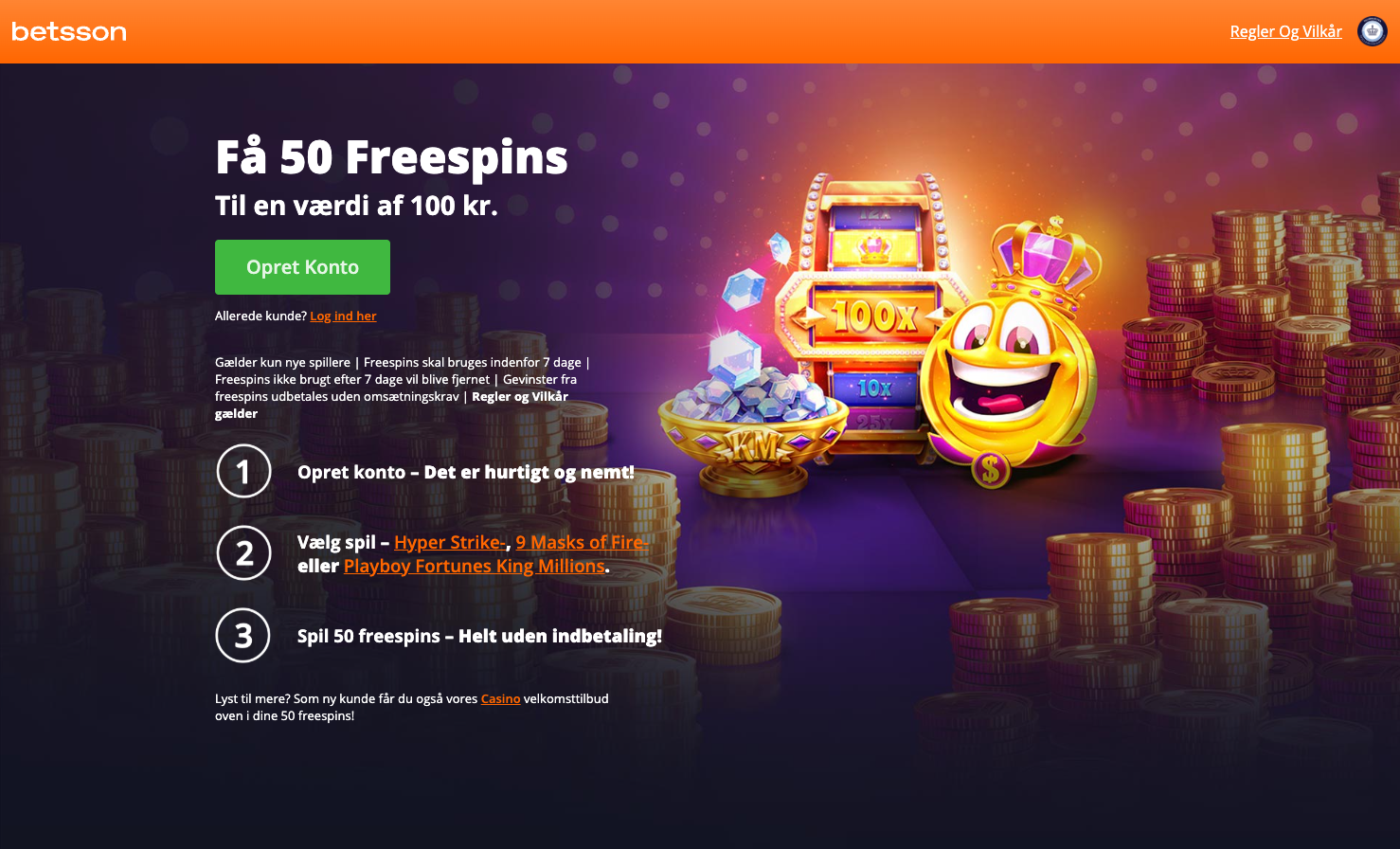 Betsson kampagnebillede med guldmønter, en smilende mønt med krone og en spilleautomat. Teksten på billedet fremhæver tilbuddet “Få 50 Freespins til en værdi af 100 kr.” samt trin-for-trin instruktioner til at oprette konto, vælge spil og bruge spins uden indbetaling.