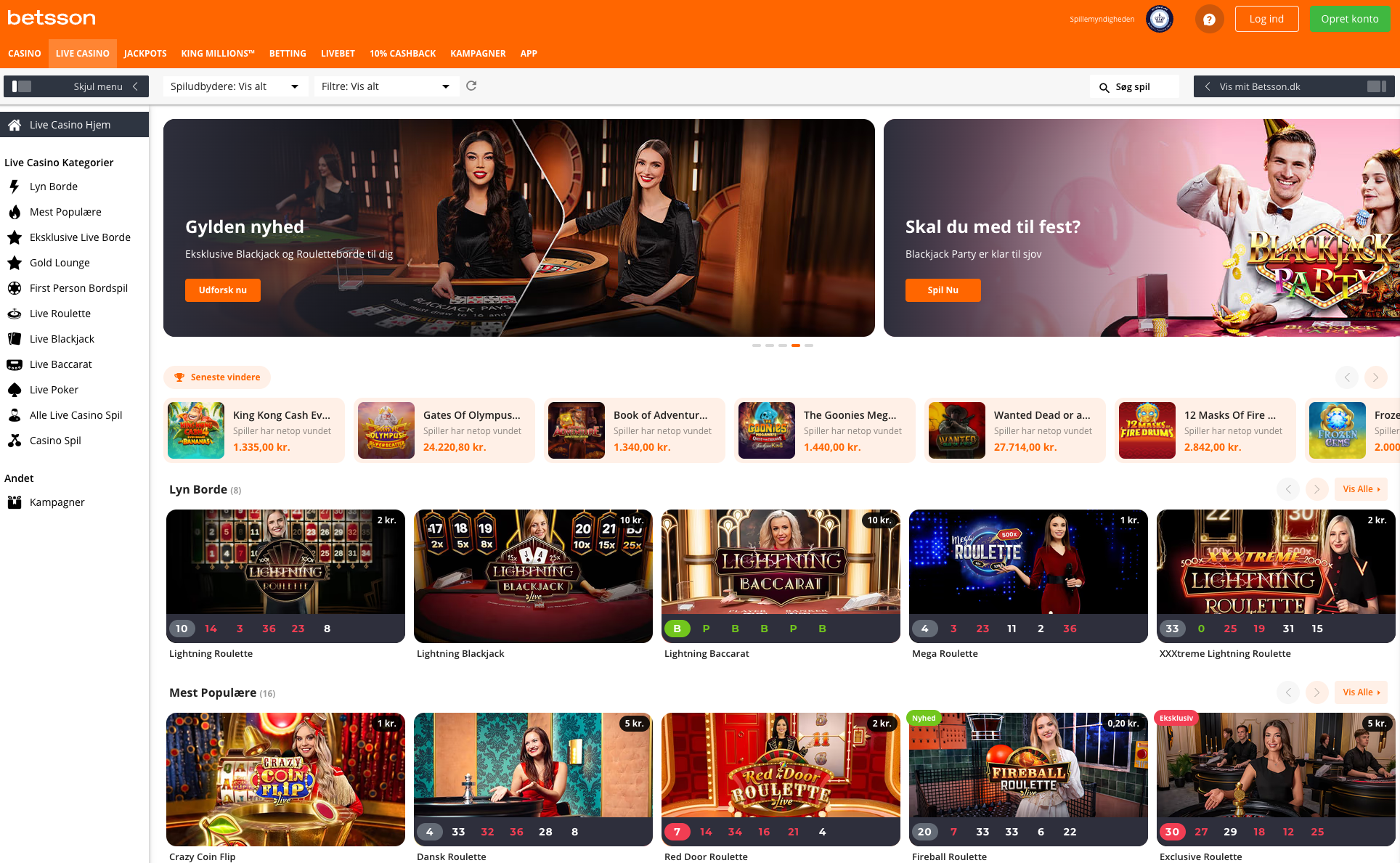 Betsson live casino som visar Dansk Roulette och andra populära bordsspel som Lightning Blackjack, Lightning Baccarat och Mega Roulette.