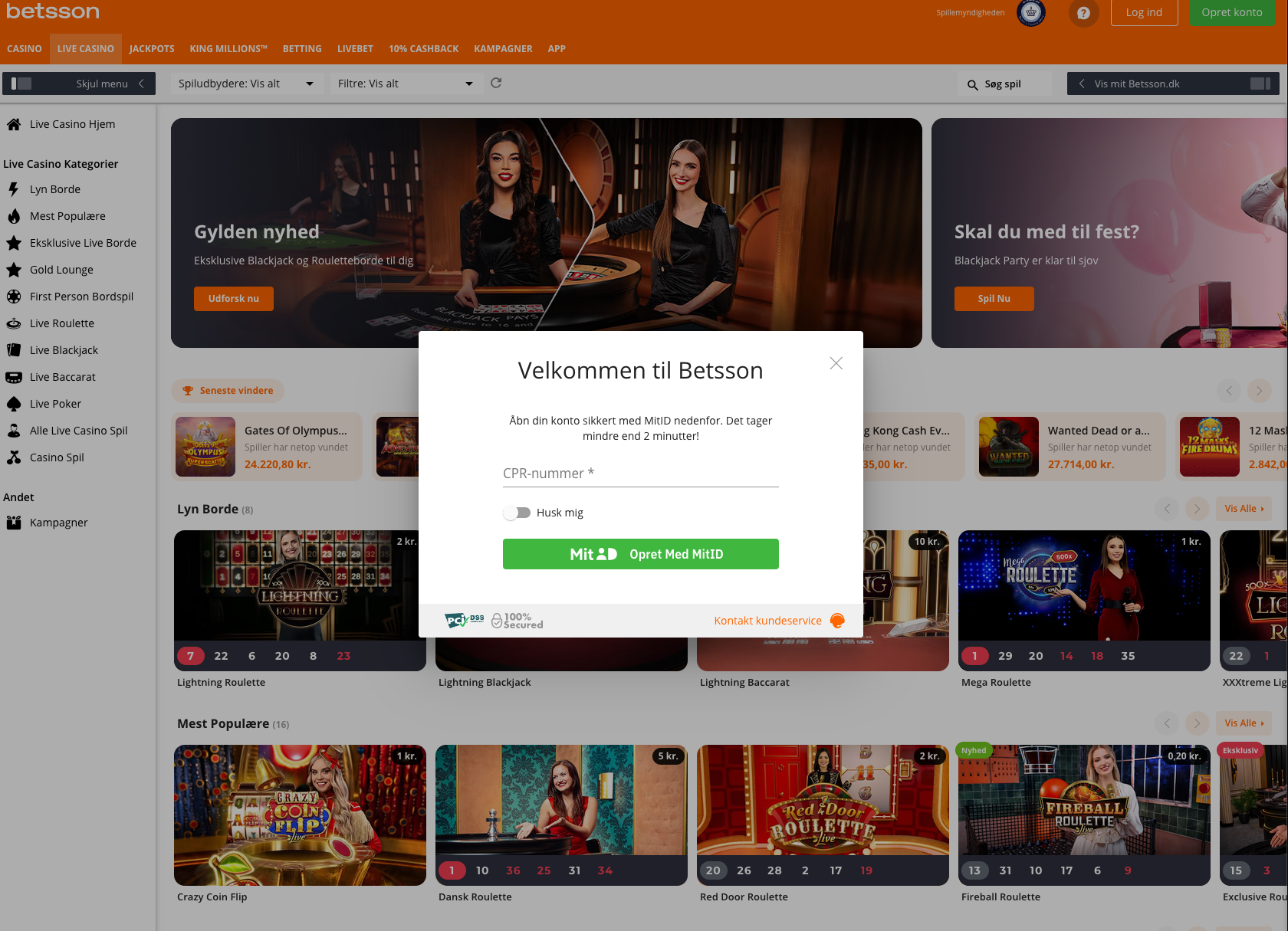 Registreringsvindue hos Betsson, hvor spillere kan oprette konto med MitID ved at indtaste CPR-nummer.