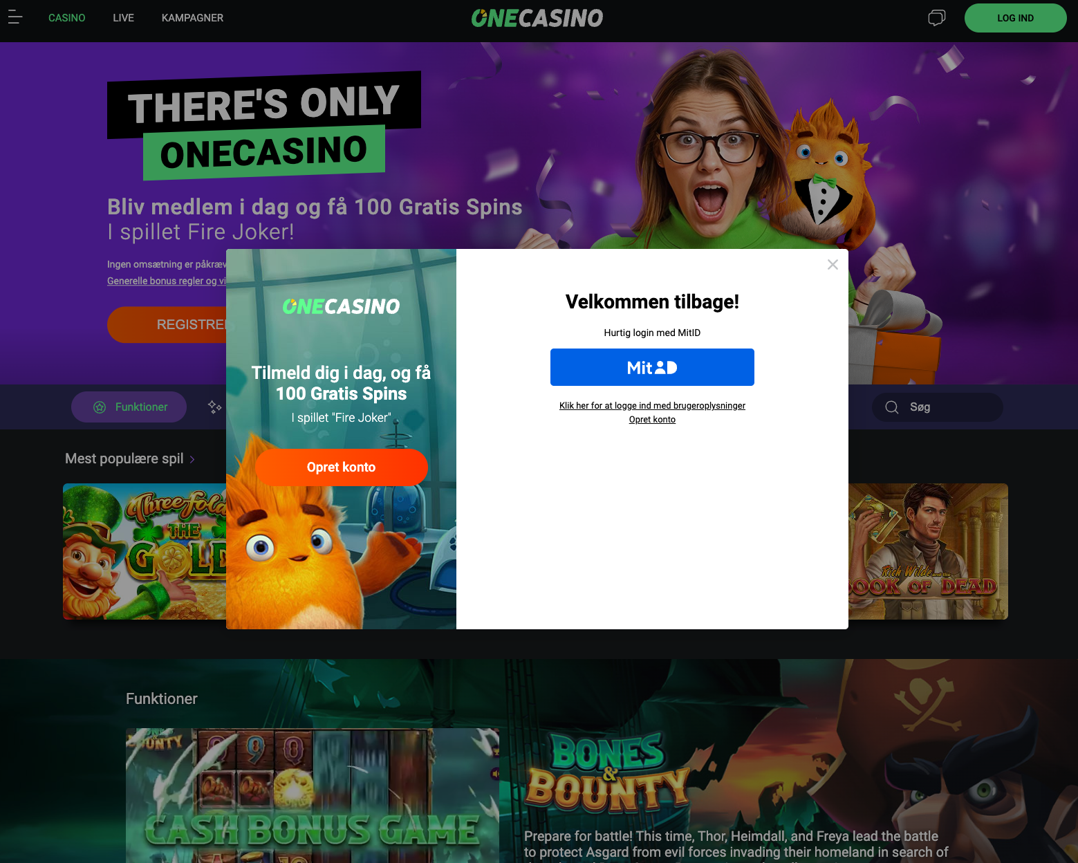 Forside på One Casino med kampagnen “Tilmeld dig i dag, og få 100 Gratis Spins i spillet Fire Joker”. Til venstre ses den orange maskot og knappen “Opret konto”, og til højre et login-vindue med teksten “Velkommen tilbage – Hurtig login med MitID” og den blå MitID-knap.