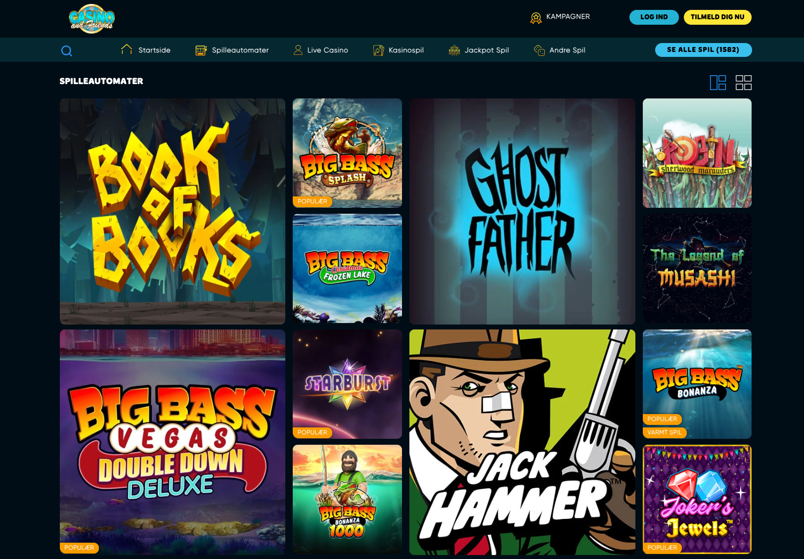 Visning af spilleautomater hos CasinoAndFriends med titler som Book of Books, Big Bass Splash, Ghost Father, Starburst og Jack Hammer i gitterlayout.