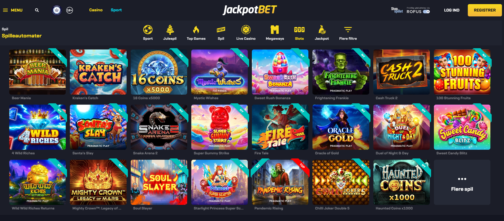 Oversigt over JackpotBETs spilleautomat-sektion med nye og populære slots som Beer Mania, Kraken's Catch, Cash Truck 2, Sweet Candy Blitz, Snake Arena 2 og flere Pragmatic Play-titler.