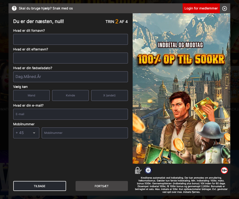 Knight Slots registreringsside trin 2 af 4 med velkomstbonus på 100 % op til 500 kr. Viser formular til fornavn, efternavn, fødselsdato, køn, e-mail og mobilnummer.