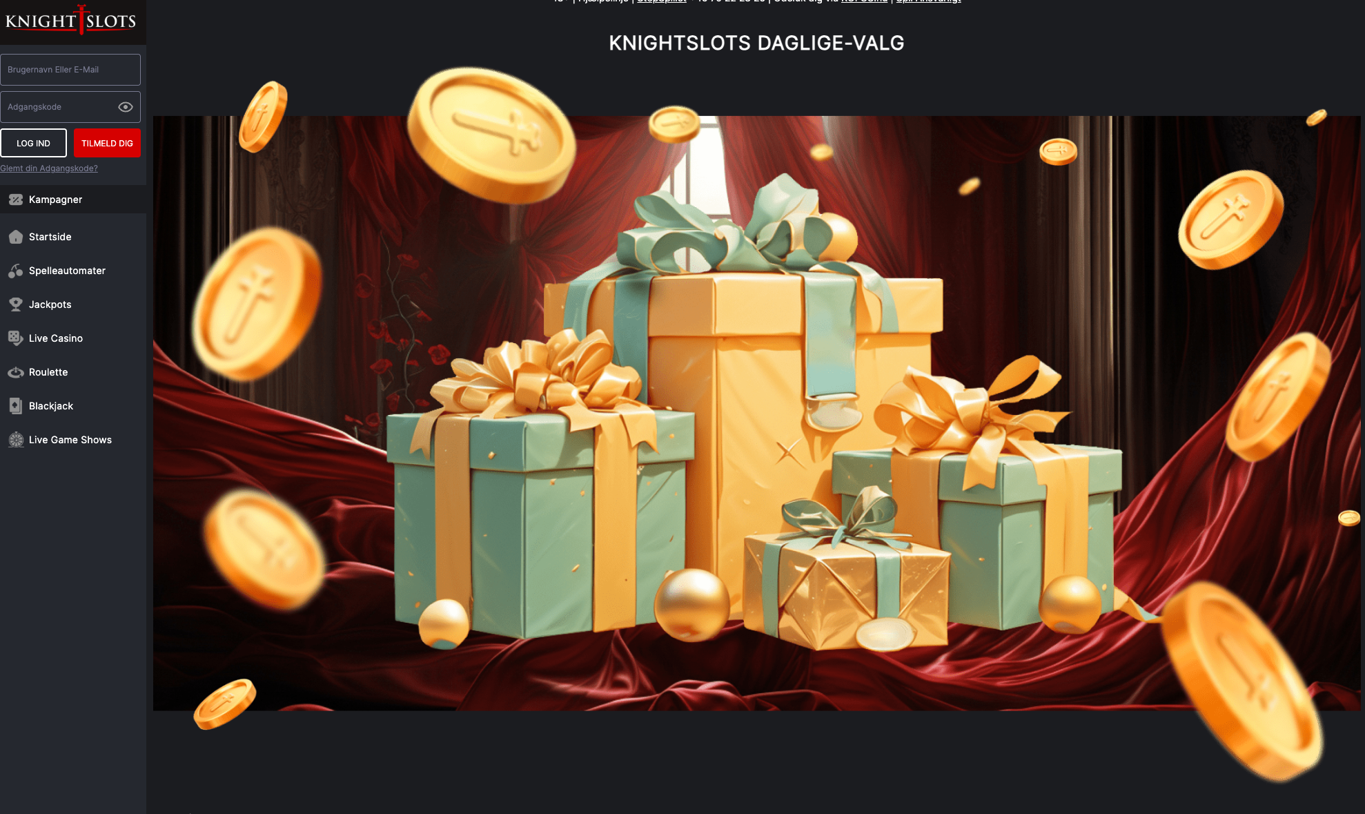 Gaveæsker med guld- og mintgrønne bånd omgivet af gyldne mønter, der illustrerer KnightSlots Daglige Valg bonuskampagne.