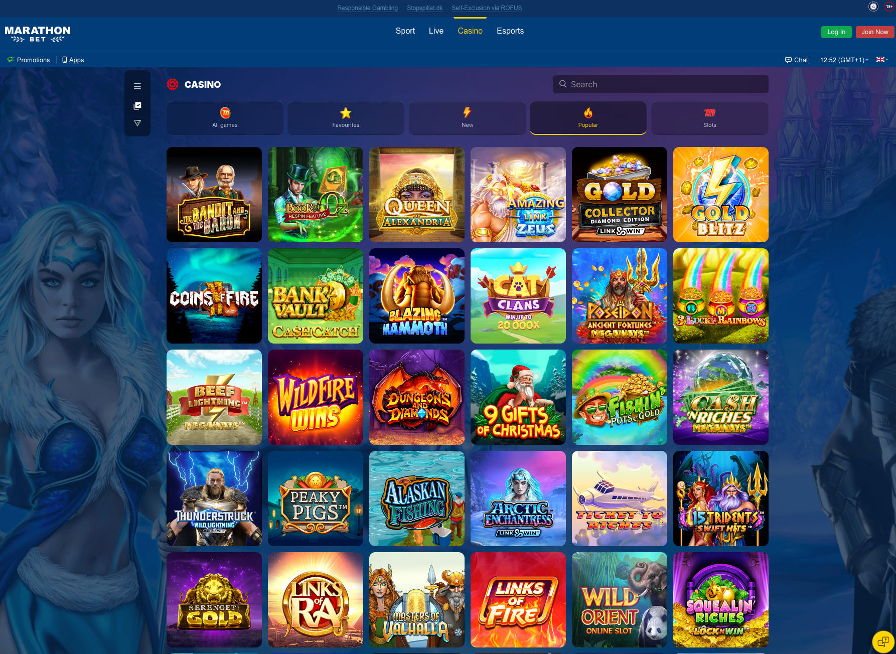 Oversigt over Marathonbets casino-side med populære slots som Gold Blitz Extreme, Break da Bank Again, Thunderstruck II og Cat Clans. Viser et bredt udvalg af klassiske og nye spil i casinosektionen.