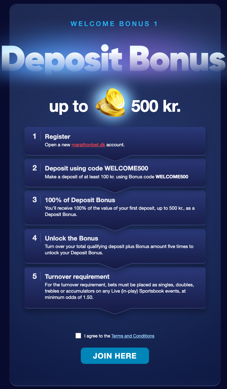 Marathonbet sportbonus – 100 % op til 500 kr. Guide til registrering, indbetaling og bonuskode WELCOME500 for nye spillere.