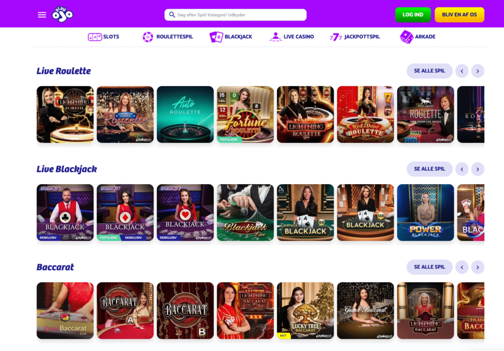 PlayOJO, der viser live casino-udvalget med Live Roulette, Live Blackjack og Baccarat, inklusive populære titler som Lightning Roulette, Auto Roulette og Speed Baccarat.