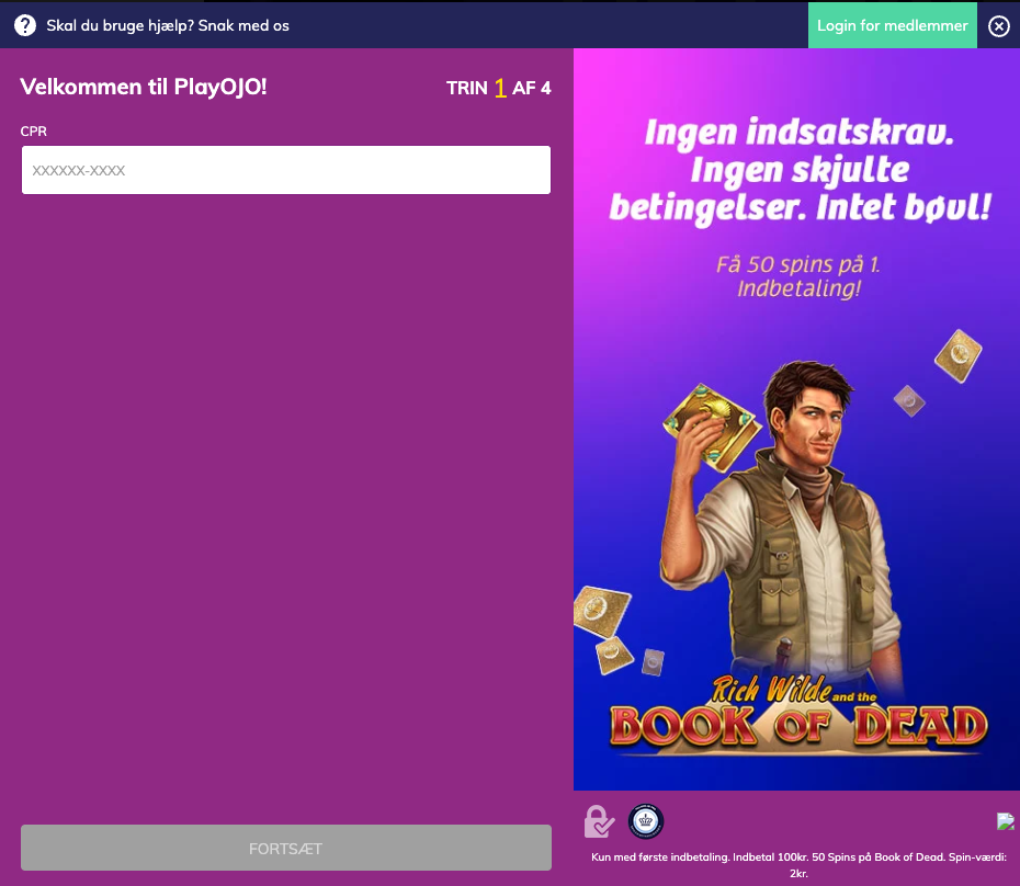 Registreringsskærm hos PlayOJO, der viser CPR-feltet og et tilbud om 50 spins på første indbetaling uden krav eller skjulte betingelser