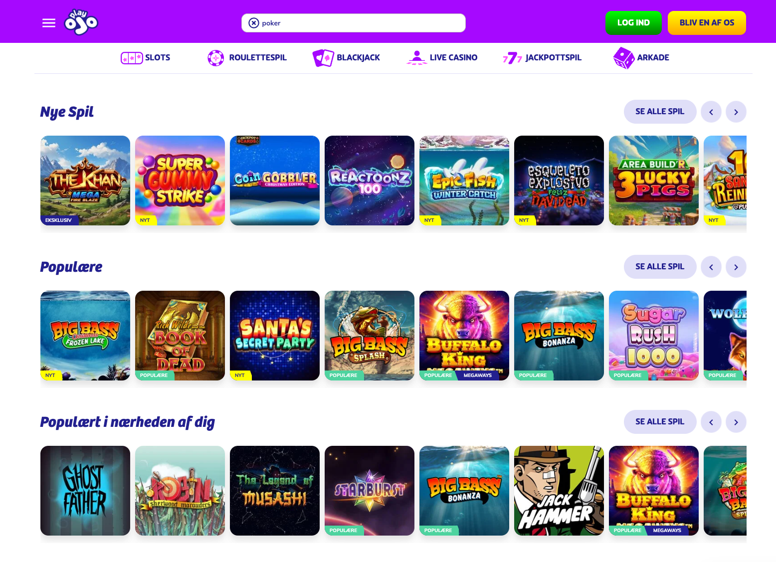 PlayOJO, der viser oversigten over slots med sektionerne Nye Spil, Populære, Populært i nærheden af dig og Eksklusive Slots, inklusive titler som Big Bass Bonanza, Book of Dead og Buffalo King.