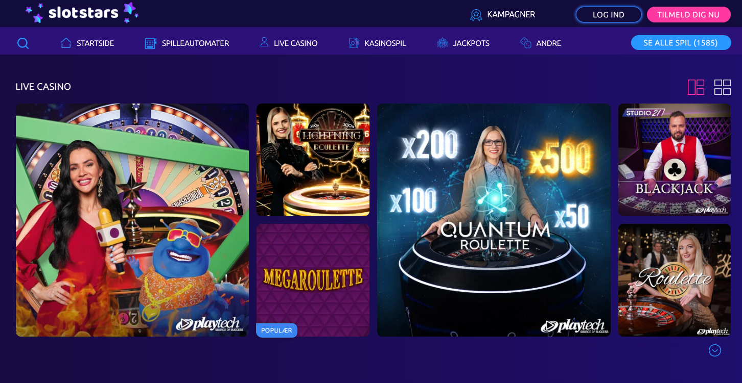 Oversigt over SlotStars live casino med forskellige Playtech-spil, inklusive roulette, blackjack, Lightning Roulette og Quantum Roulette, samt værter og spilleborde.