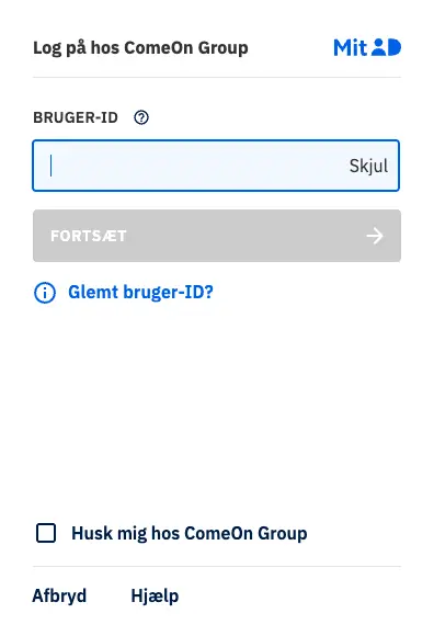 GetLucky-registrering gennem MitID-login, hvor spilleren skal indtaste sit bruger-ID for at logge ind via ComeOn Group-platformen.