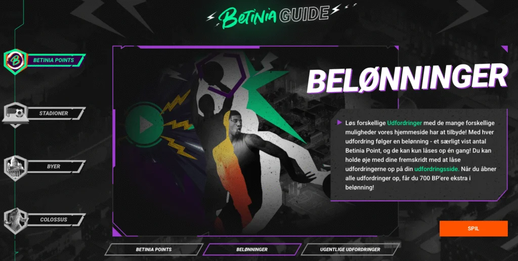 Betinia belønningssystem – løs forskellige udfordringer og saml Betinia Points for at låse op for bonusser og ekstra belønninger.