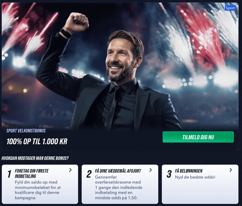 Betinia Casino sport velkomstbonus på 100 % op til 1.000 kr vist i kampagnebanner med en mand, fyrværkeri og stadion i baggrunden