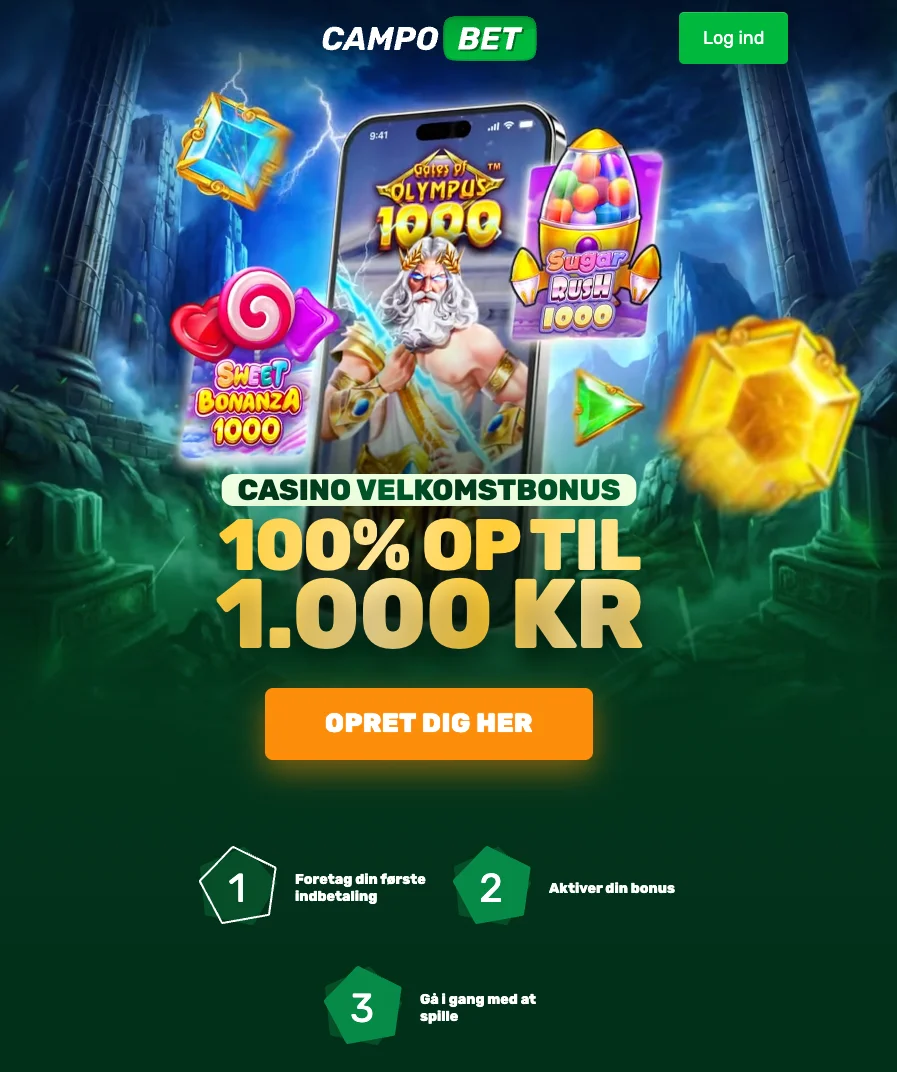 Campobet casino velkomstbonus på 100 % op til 1.000 kr vist med spilleautomater som Sweet Bonanza 1000, Gates of Olympus 1000 og Sugar Rush 1000 på en mobilskærm