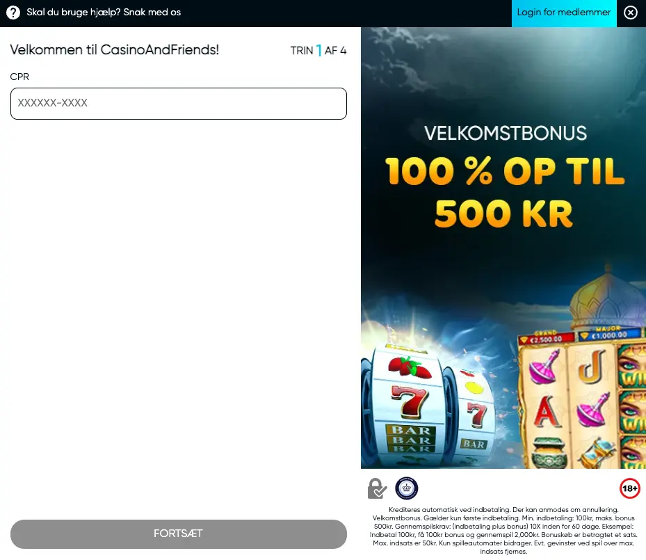 CasinoAndFriends, der viser velkomstbonussen 100 % op til 500 kr