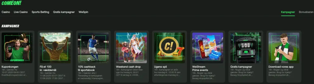  Oversigt over ComeOn Casinos kampagner, herunder Kuponkongen, bonusvæddemål, cashback-tilbud, weekend cash drop, ugens spil, WeStream-events, gratis kampagner og app-tilbud.