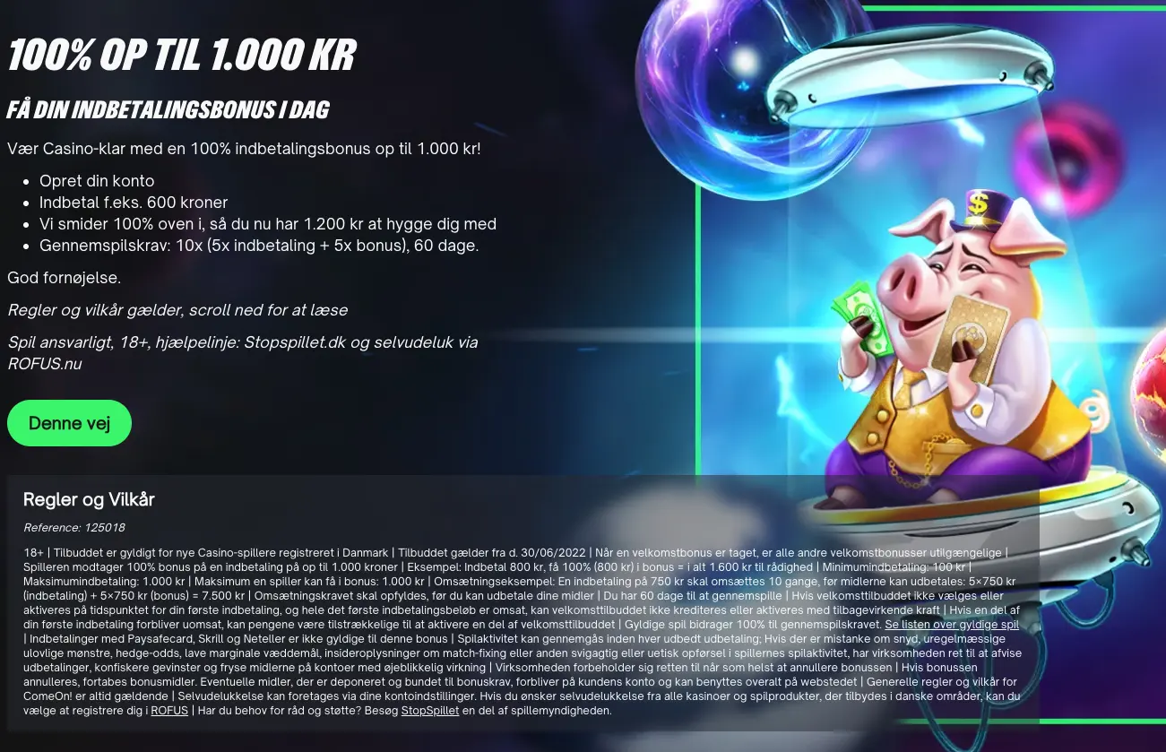 ComeOn casino velkomstbonus på 100 % op til 1.000 kr vist i kampagne med en tegnet gris og bonusbeskrivelse på siden