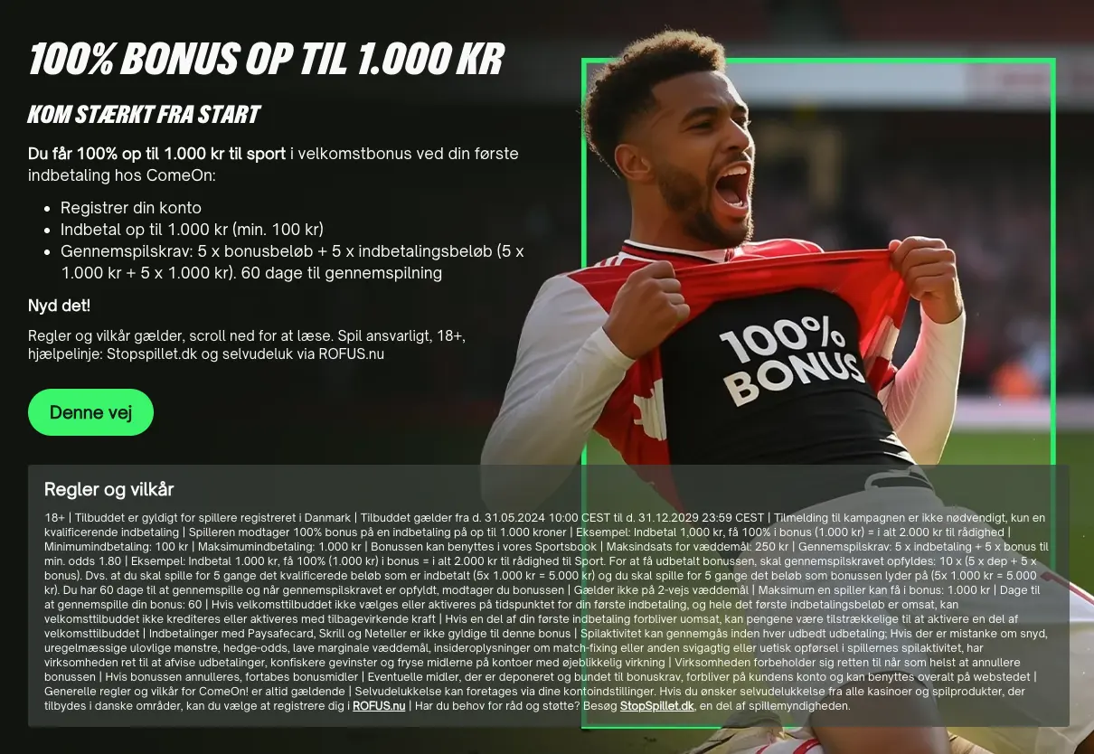 ComeOn sportbonus på 100 % op til 1.000 kr vist i kampagne med en fodboldspiller og bonusinformation om første indbetaling