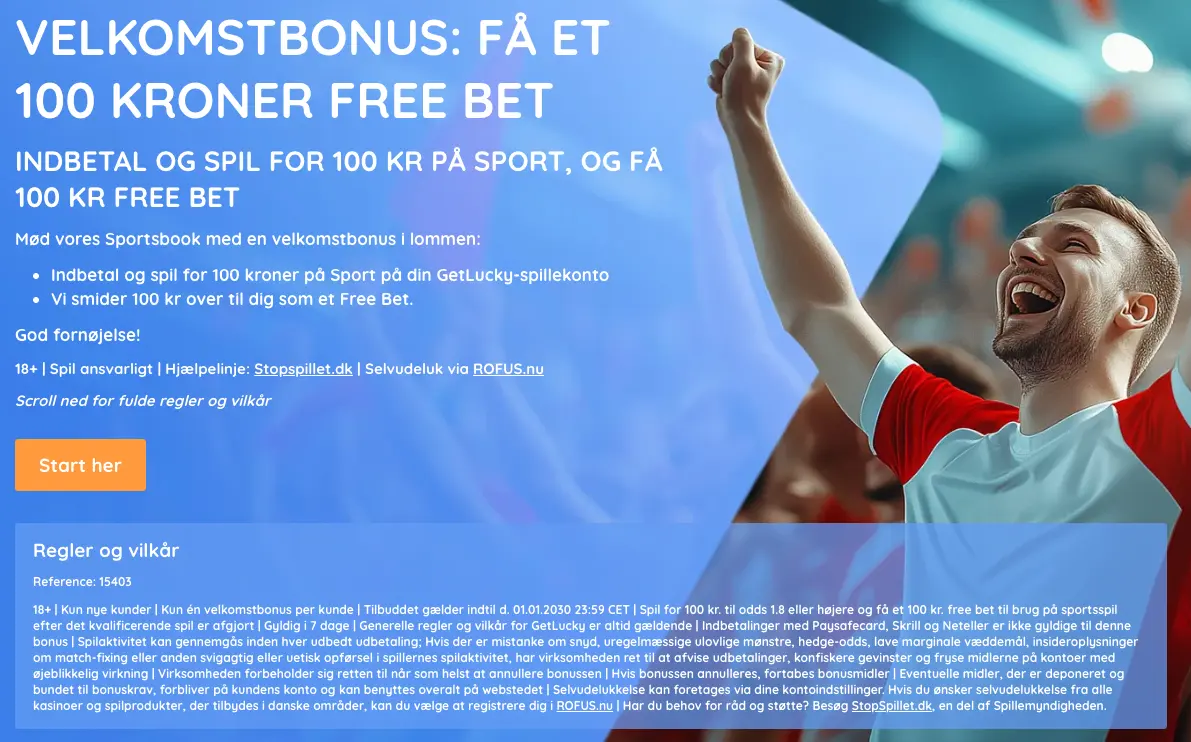 GetLucky sportsbonus med 100 kr free bet ved indbetaling og spil på sport