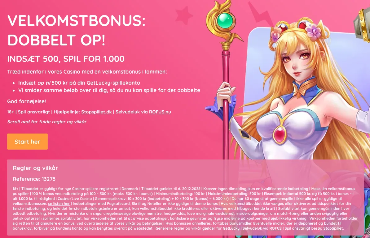 GetLucky velkomstbonus med dobbelt op – indsæt 500 kr og spil for 1.000 kr