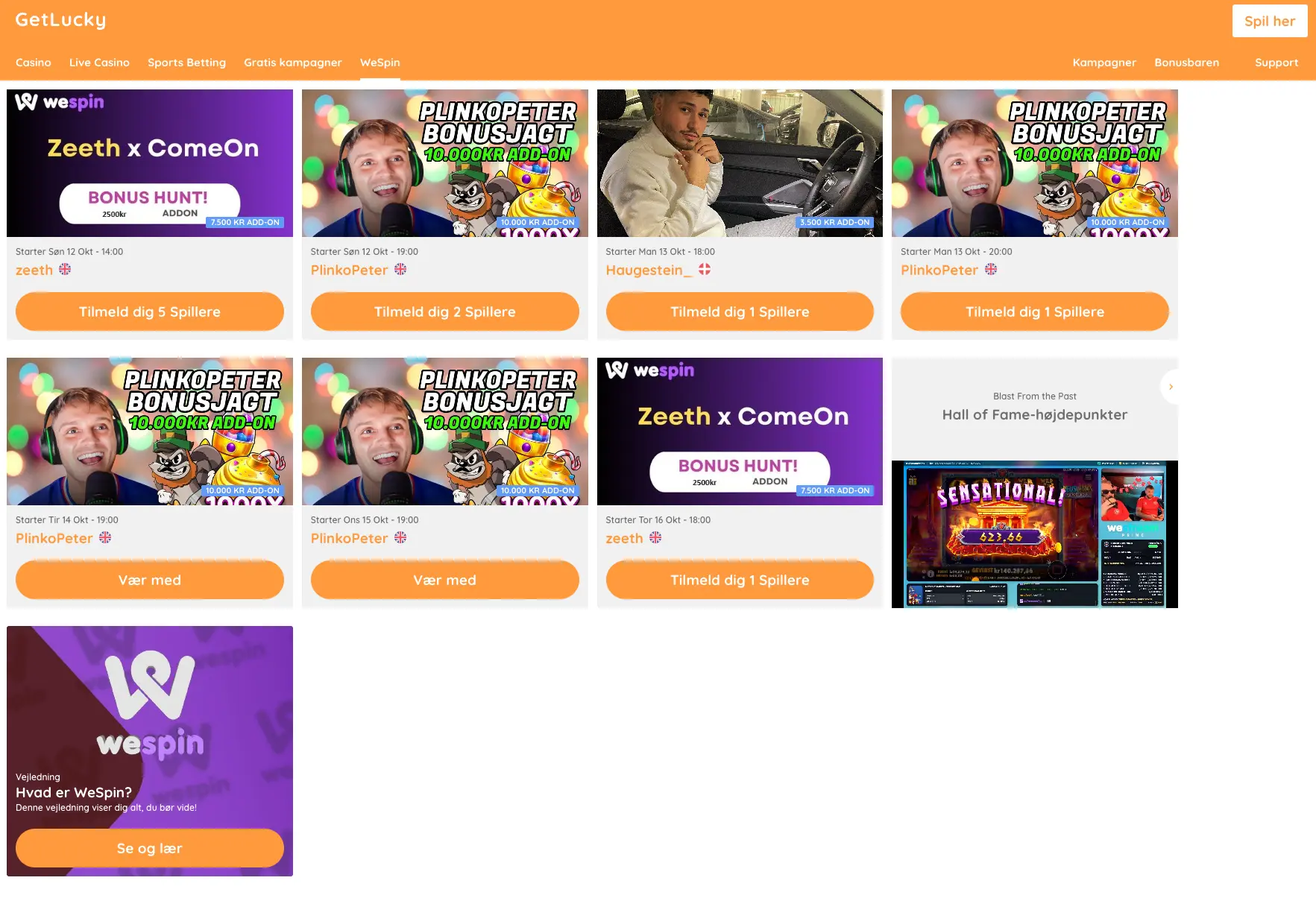 GetLuckys WeSpin-sektion som visar live-events med streamers som PlinkoPeter och Zeeth, där spelare kan delta i bonusjakter och live-sessioner direkt på plattformen.