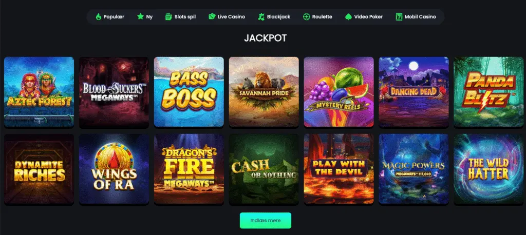 dvalg af jackpotspil hos Swift Casino, herunder titler som Aztec Forest, Blood Suckers Megaways, Bass Boss, Savannah Pride og Mystery Reel