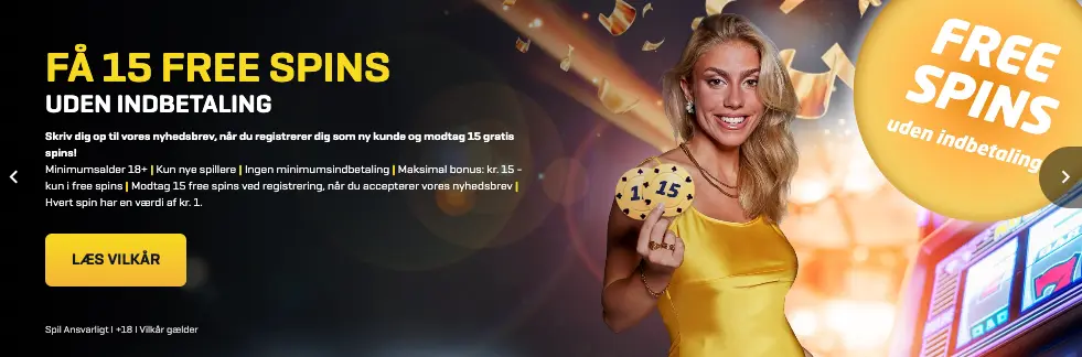 JackpotBET velkomstbanner med tilbud om 100% bonus op til 500 kr, knap med teksten "Kom i gang", samt en eventyrfigur foran et stort casino-skilt.