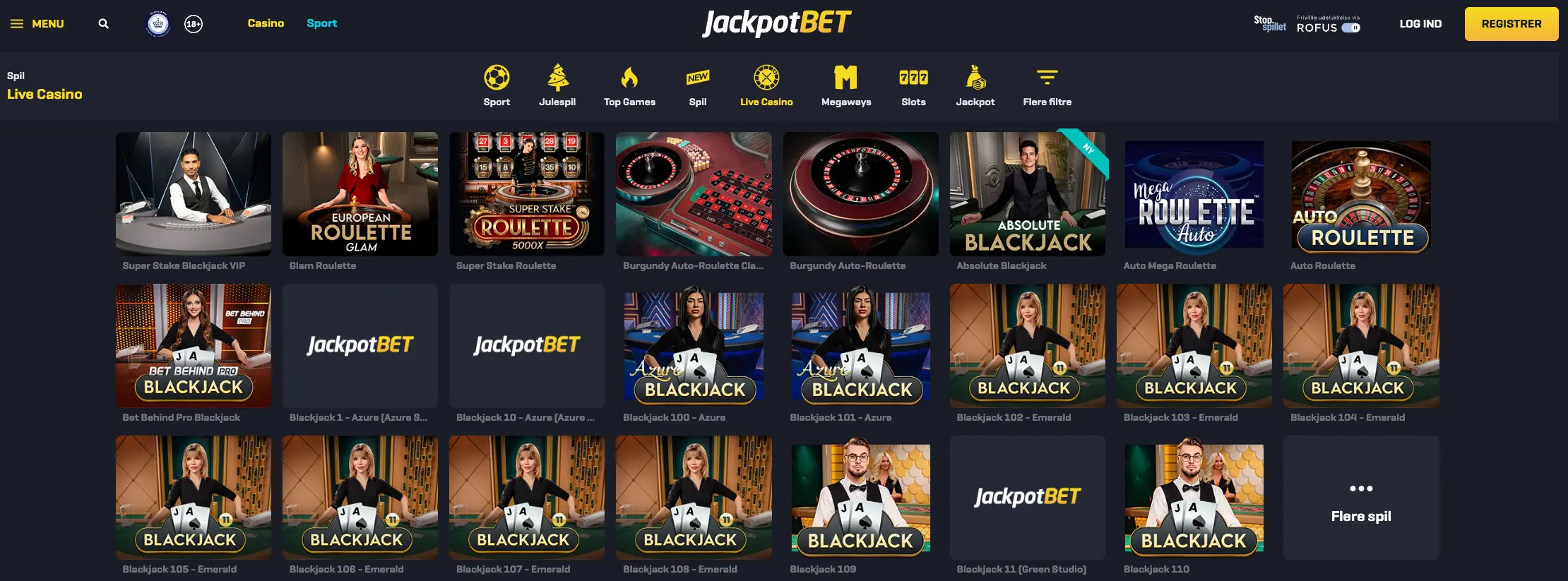 Oversigt over JackpotBETs live casino med forskellige roulette- og blackjackborde, herunder Super Stake Roulette, Auto Roulette, Glam Roulette og flere blackjack-varianter.