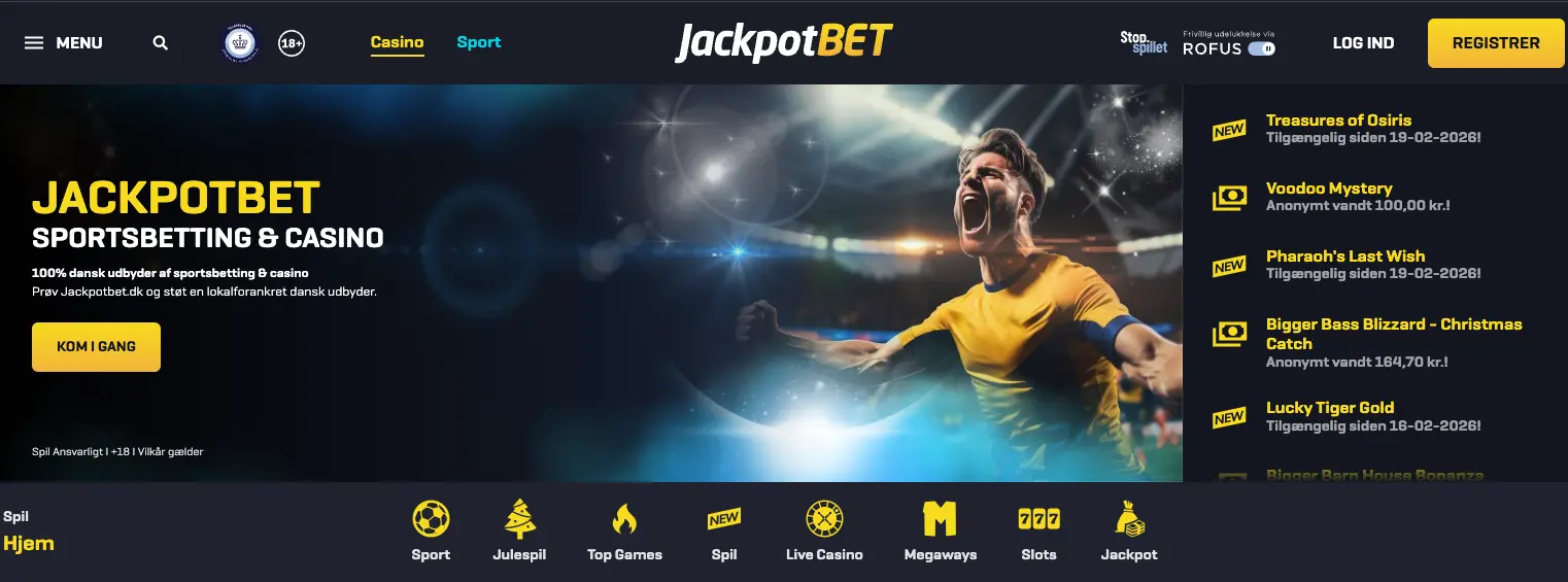 JackpotBet forside med sportsbetting og casino samt dansk licens og spiludvalg