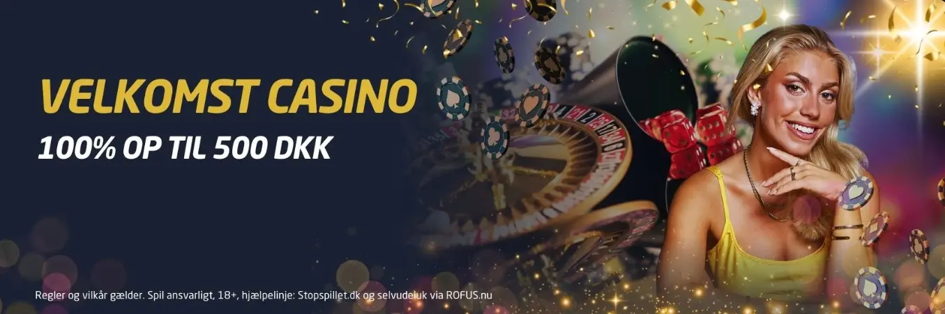 JackpotBET velkomstbanner med tilbud om 100% bonus op til 500 kr, knap med teksten "Kom i gang", samt en eventyrfigur foran et stort casino-skilt.
