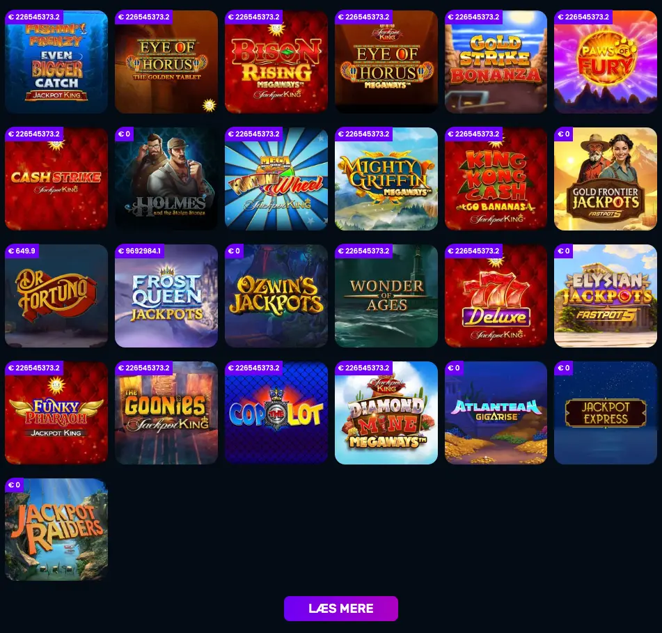 LunaCasinos jackpotspilsektion med titler som Fishin’ Frenzy Even Bigger Catch, Eye of Horus Megaways, King Kong Cash Go Bananas og Jackpot Raiders