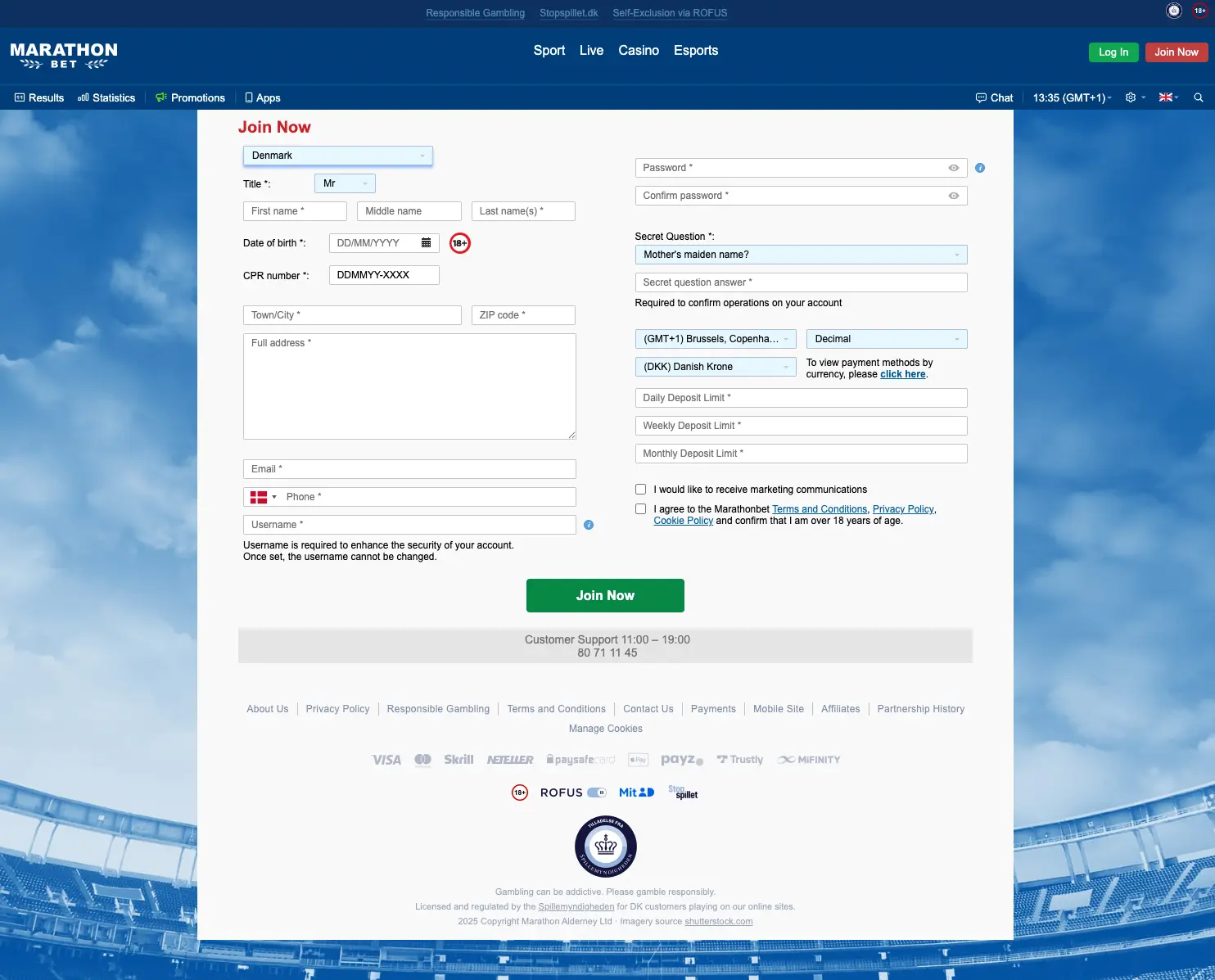 Registreringsformular hos Marathonbet med felter for navn, CPR, adresse og loginoplysninger