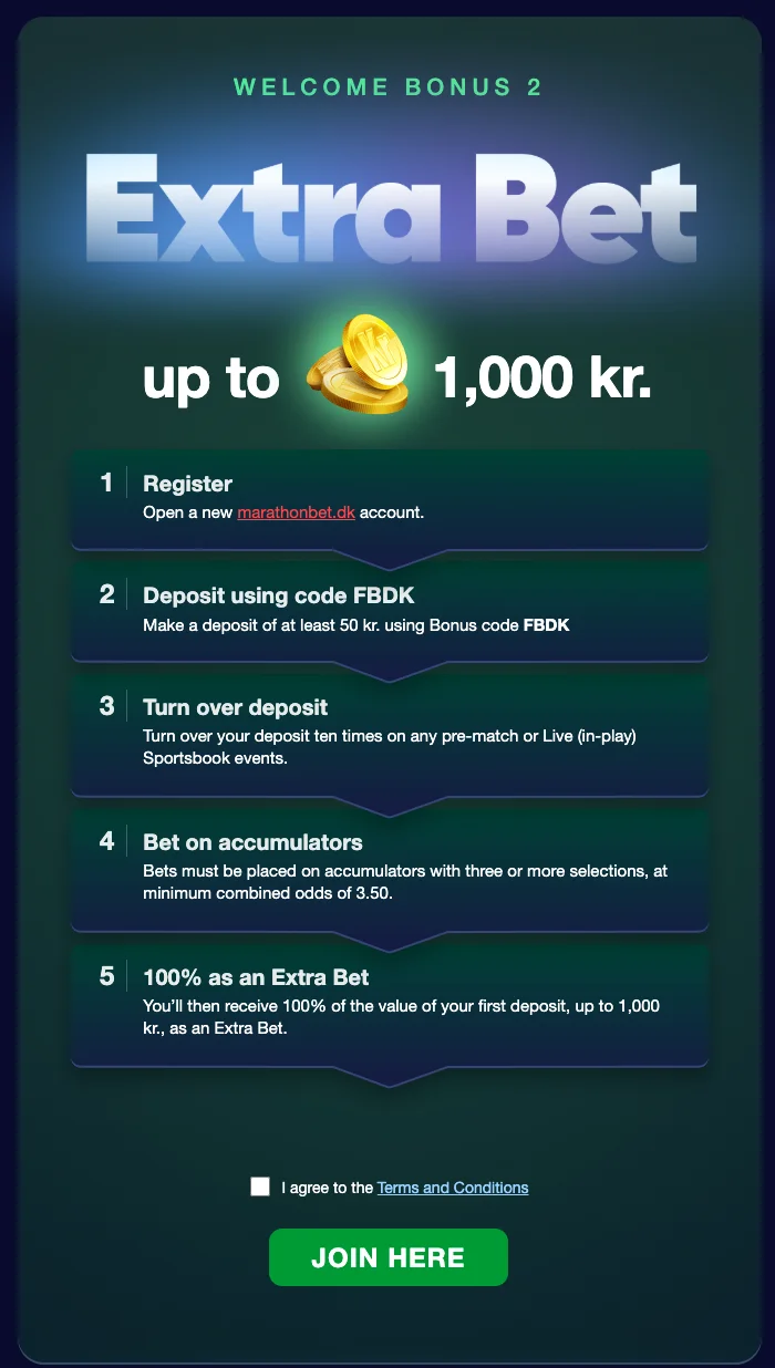 Bonusoversigt for Marathonbet sportbonus – 100 % op til 1.000 kr som Extra Bet, med trin-for-trin guide til registrering, indbetaling og omsætning.