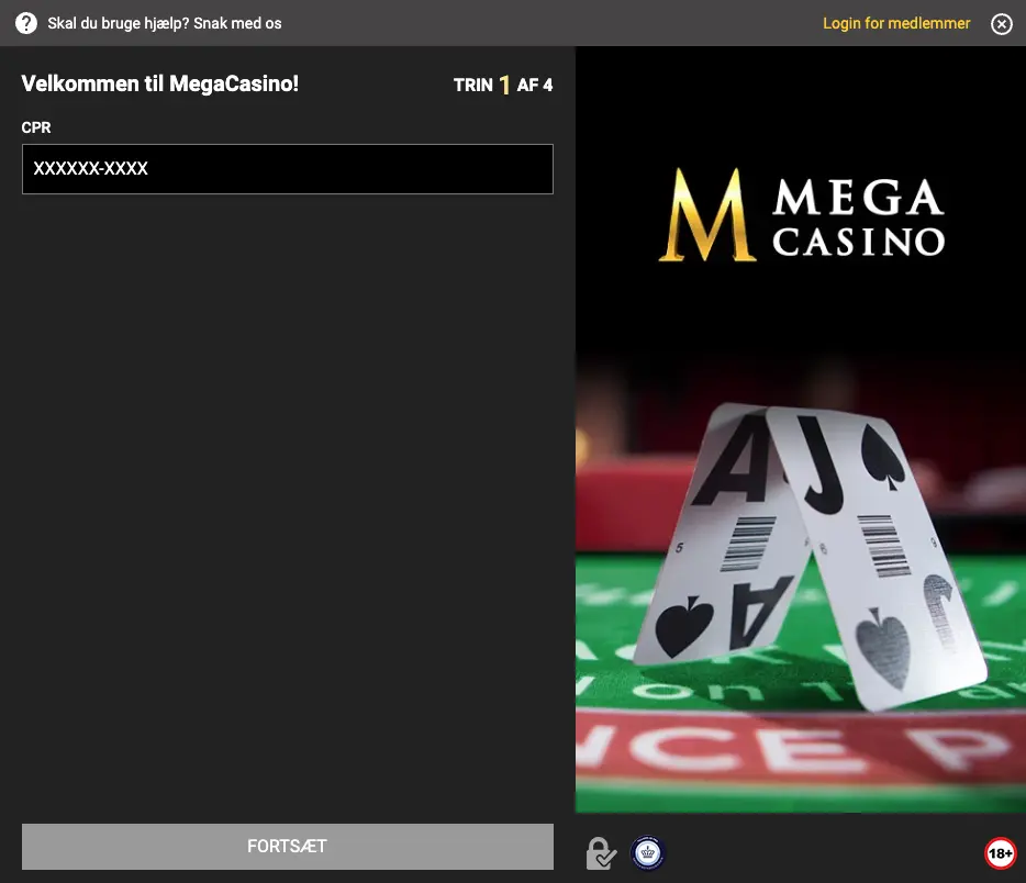  Skærmbillede af trin 1 i registreringsprocessen hos Mega Casino, hvor spilleren skal indtaste sit CPR-nummer for at komme videre.