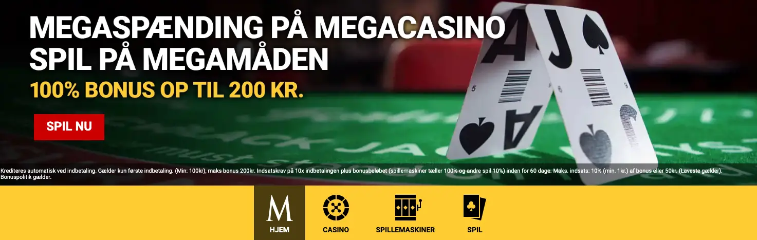 Mega Casino velkomstbonus på 100 % op til 200 kr vist i kampagne med spillekort og teksten om bonus og spil på megamåden